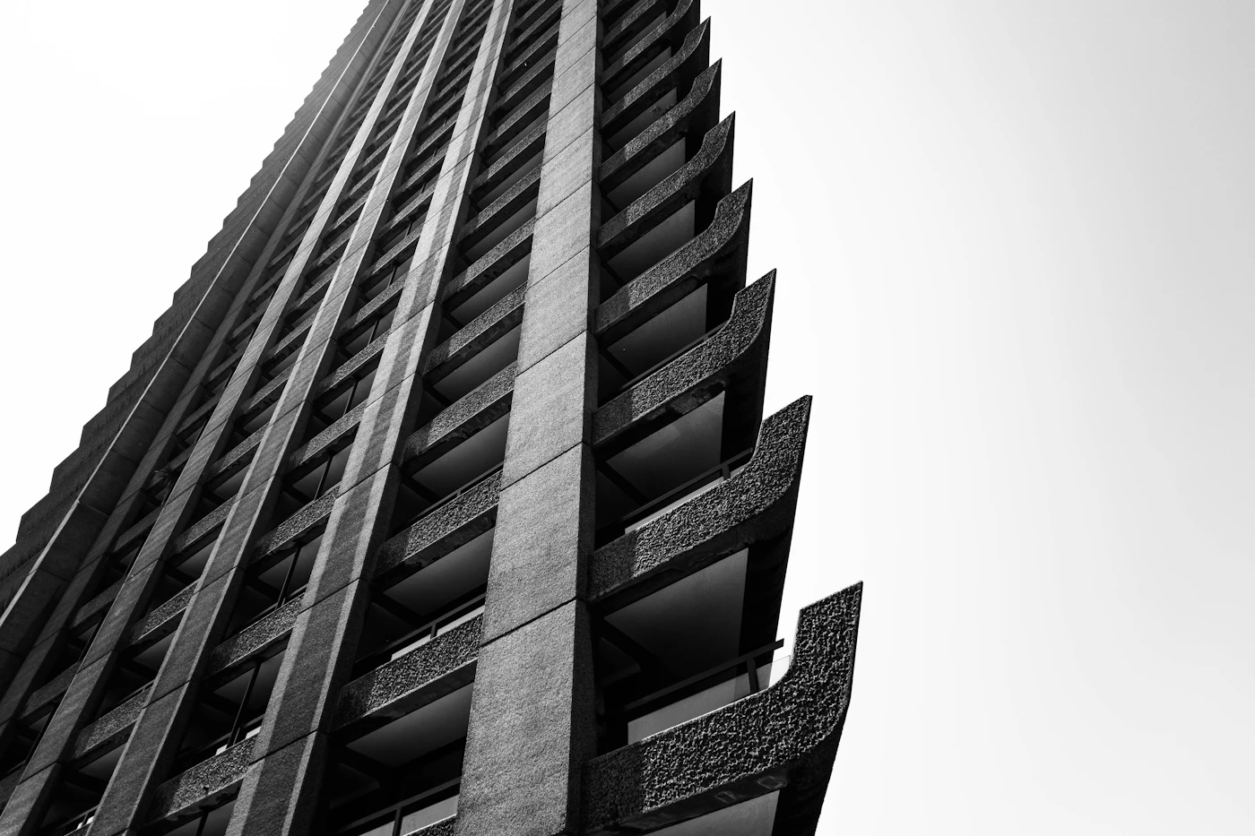 A brutalist London tower photographed from below